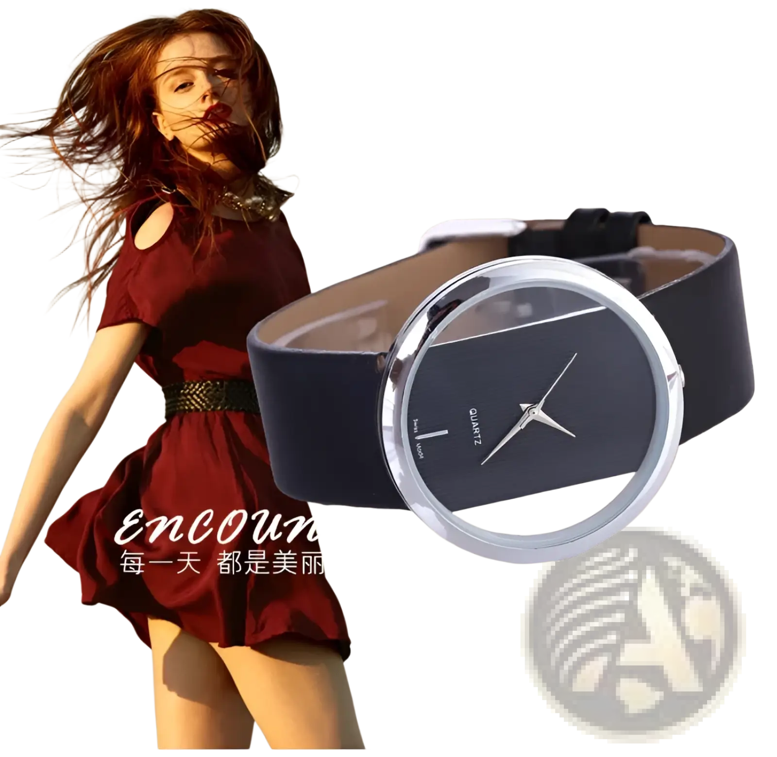 Women luxury leather quartz watch with a black leather strap silver case and minimalist black transparent dial