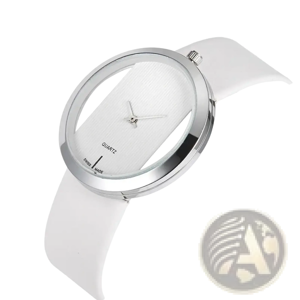 Women luxury leather quartz watch with minimalist white transparent dial and sleek silver-toned case and strap