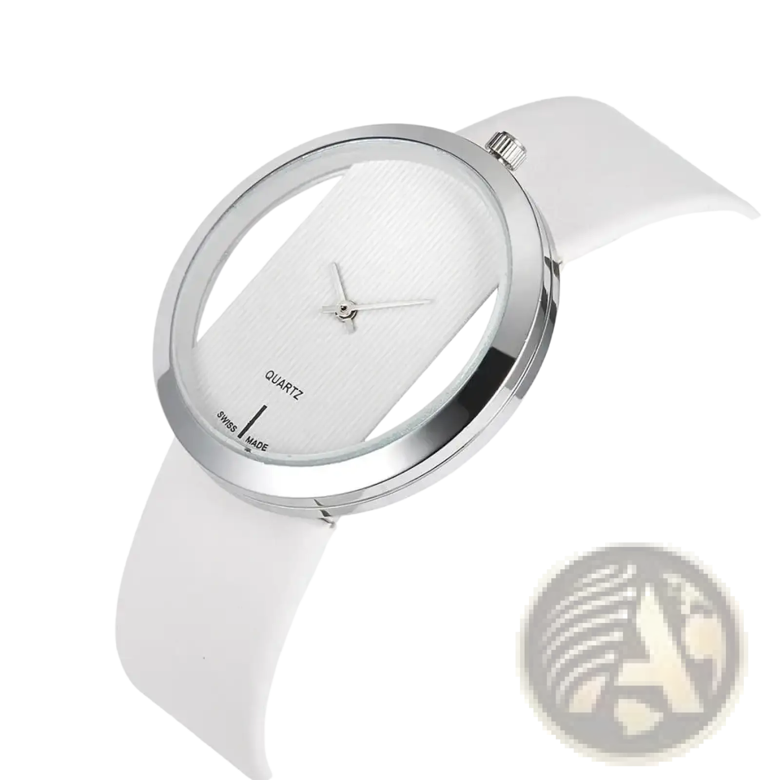 Women luxury leather quartz watch with minimalist white transparent dial and sleek silver-toned case and strap