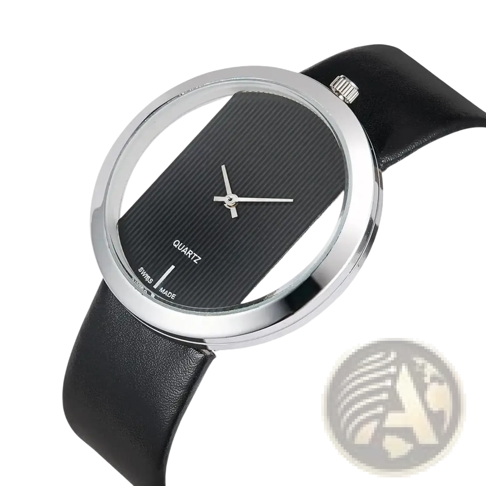 Women luxury leather quartz watch with sleek black and silver design featuring a textured black dial and stainless steel case