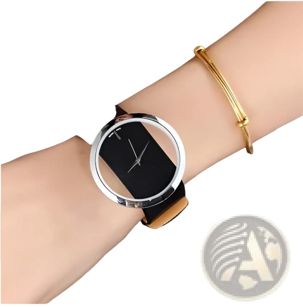 A women luxury leather quartz watch with a sleek black strap silver-toned frame and minimalist transparent dial