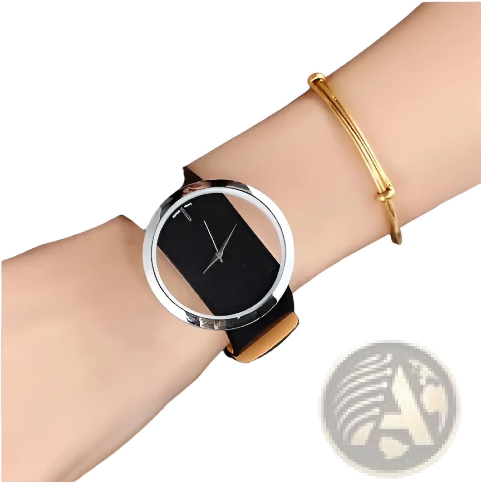 A women luxury leather quartz watch with a sleek black strap silver-toned frame and minimalist transparent dial