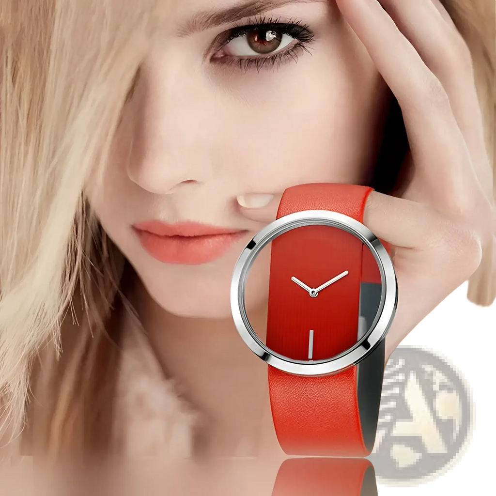Women luxury leather quartz watch with a sleek red leather strap minimalist silver-toned case and transparent dial