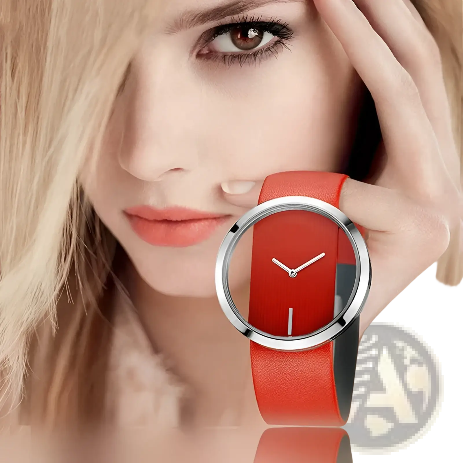 Women luxury leather quartz watch with a sleek red leather strap minimalist silver-toned case and transparent dial