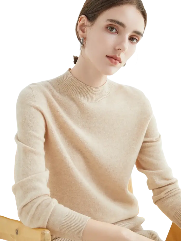 Beige cashmere sweater with ribbed crew neckline and long sleeves in a women merino wool half high collar style