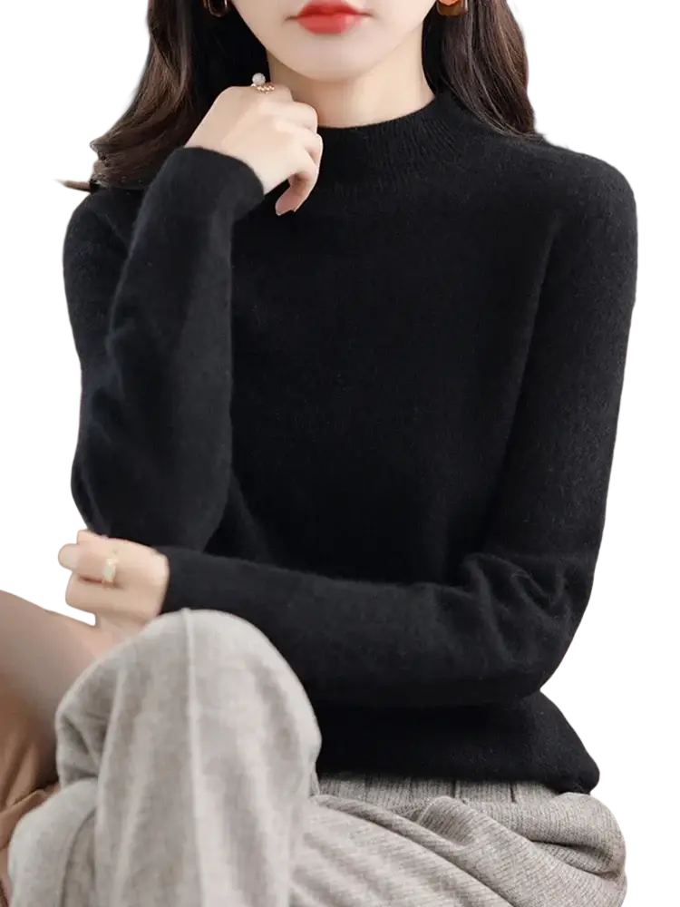 Black women merino wool half high collar sweater with soft knit texture and long sleeves
