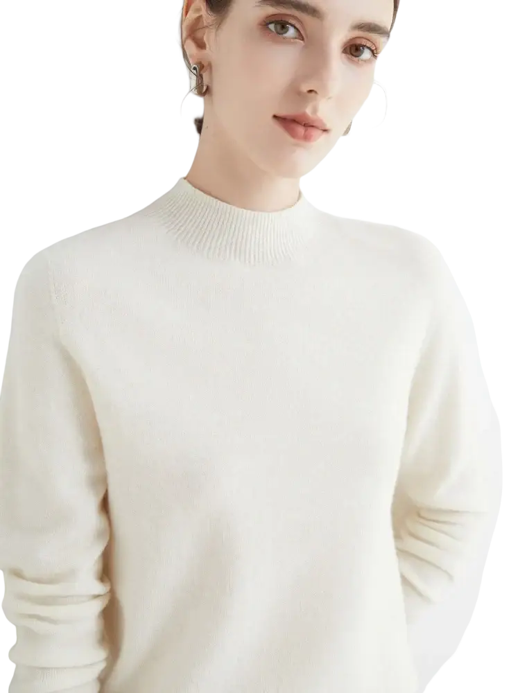 Women merino wool half high collar sweater in cream color featuring soft knit fabric with ribbed collar and cuffs