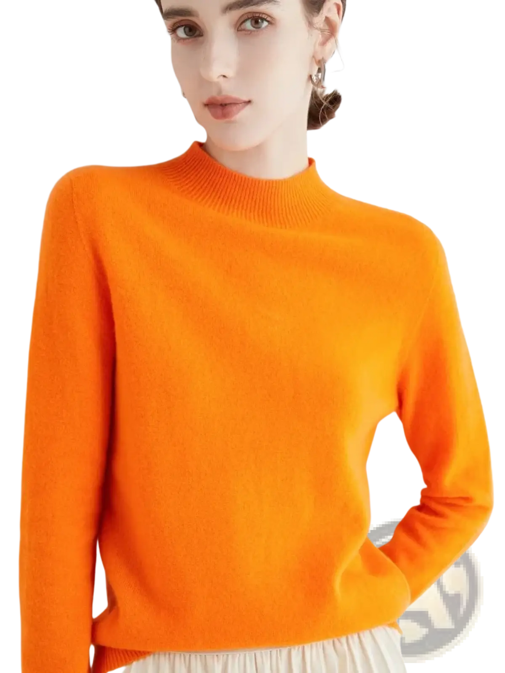 Vibrant orange women merino wool half high collar sweater with soft ribbed knit texture and long sleeves