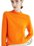 Vibrant orange women merino wool half high collar sweater with soft ribbed knit texture and long sleeves