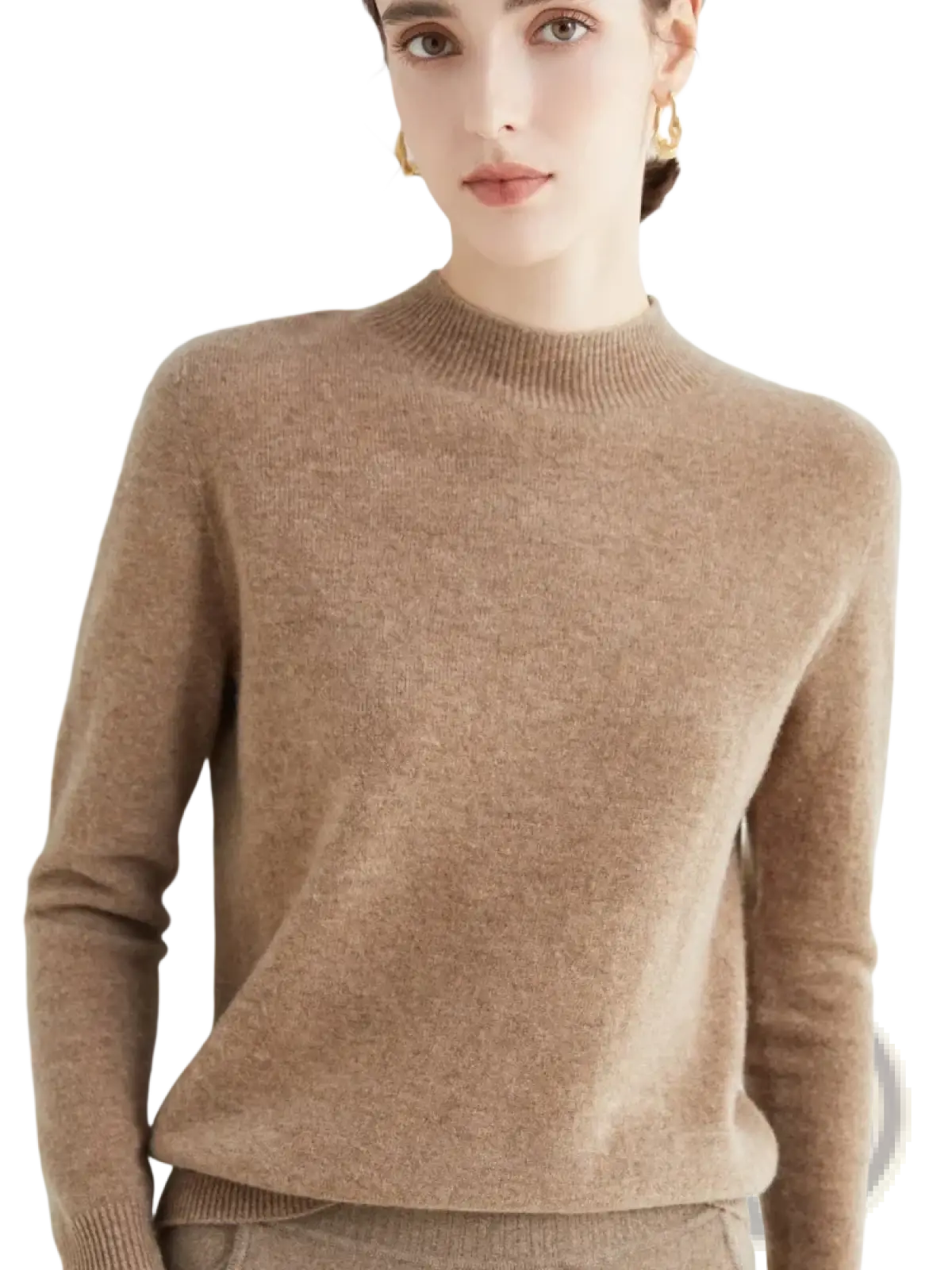 A soft camel-colored merino wool sweater with ribbed crew neckline and cuffs for women