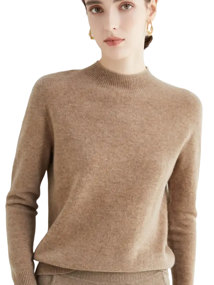 A soft camel-colored merino wool sweater with ribbed crew neckline and cuffs for women