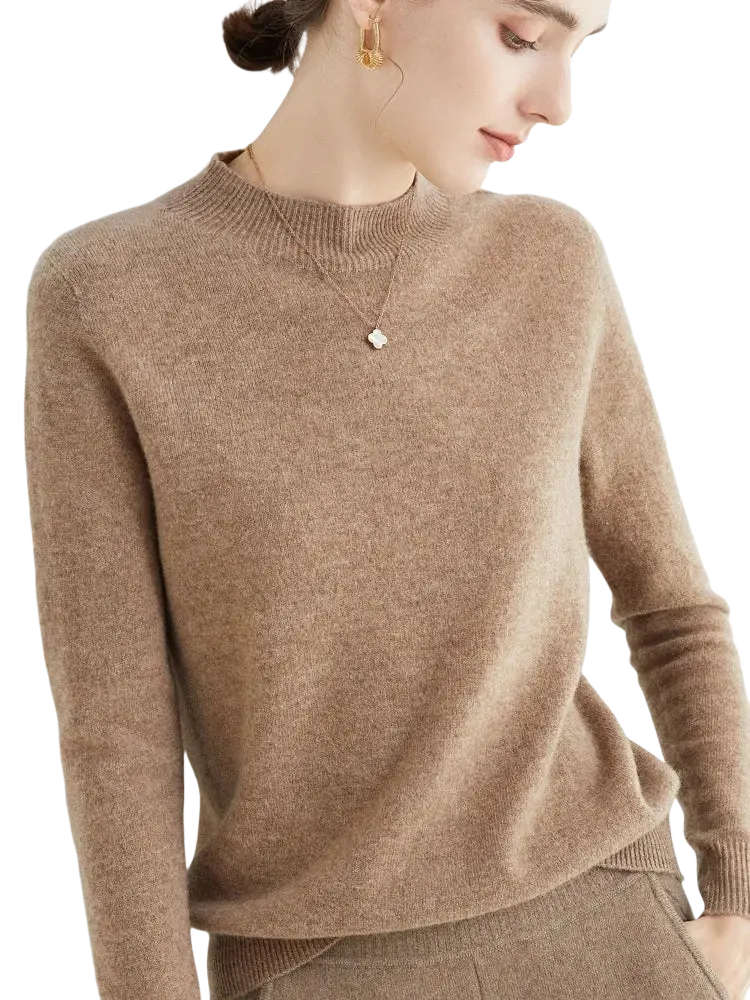 A camel-colored cashmere sweater with ribbed crew neckline and cuffs in women merino wool half high collar style