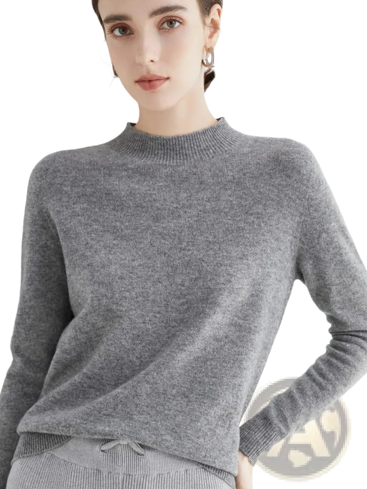 Women merino wool half high collar sweater in soft heathered gray cashmere with ribbed crew neckline and cuffs
