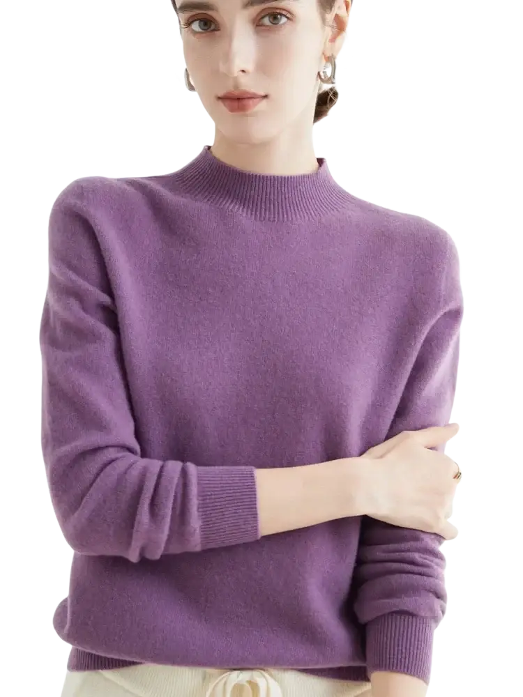 A soft lavender cashmere sweater with ribbed crew neckline and cuffs in women merino wool half high collar style
