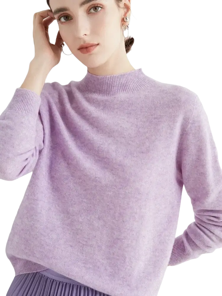 A soft lavender women merino wool half high collar sweater with long sleeves made of fine knit fabric