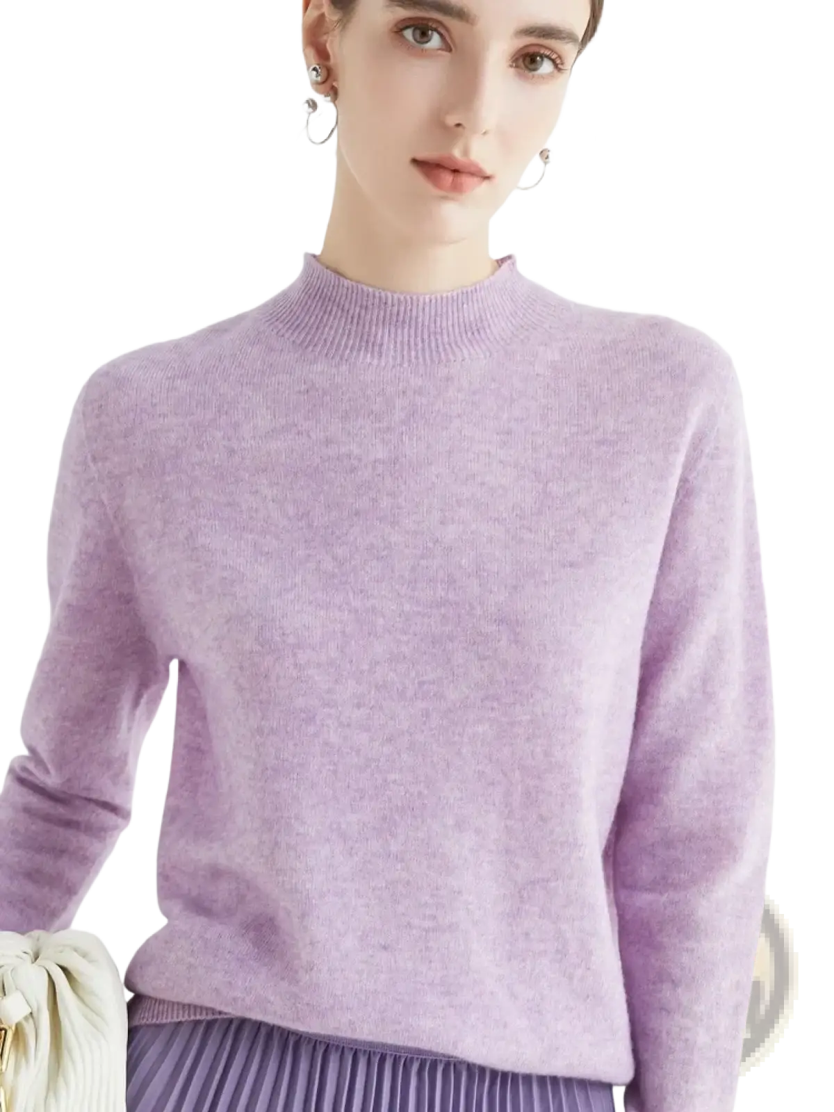 A soft lavender women merino wool half high collar sweater with long sleeves and ribbed crew neckline