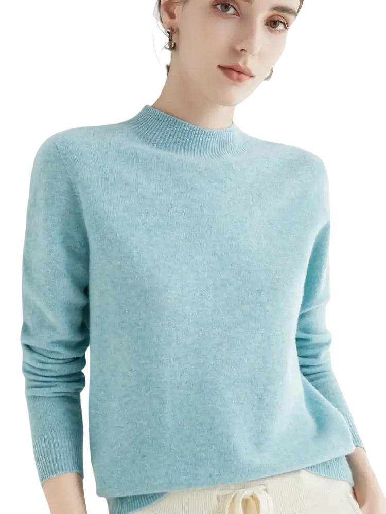 Women merino wool sweater in soft light blue cashmere with ribbed crew neckline and cuffs for comfortable wear