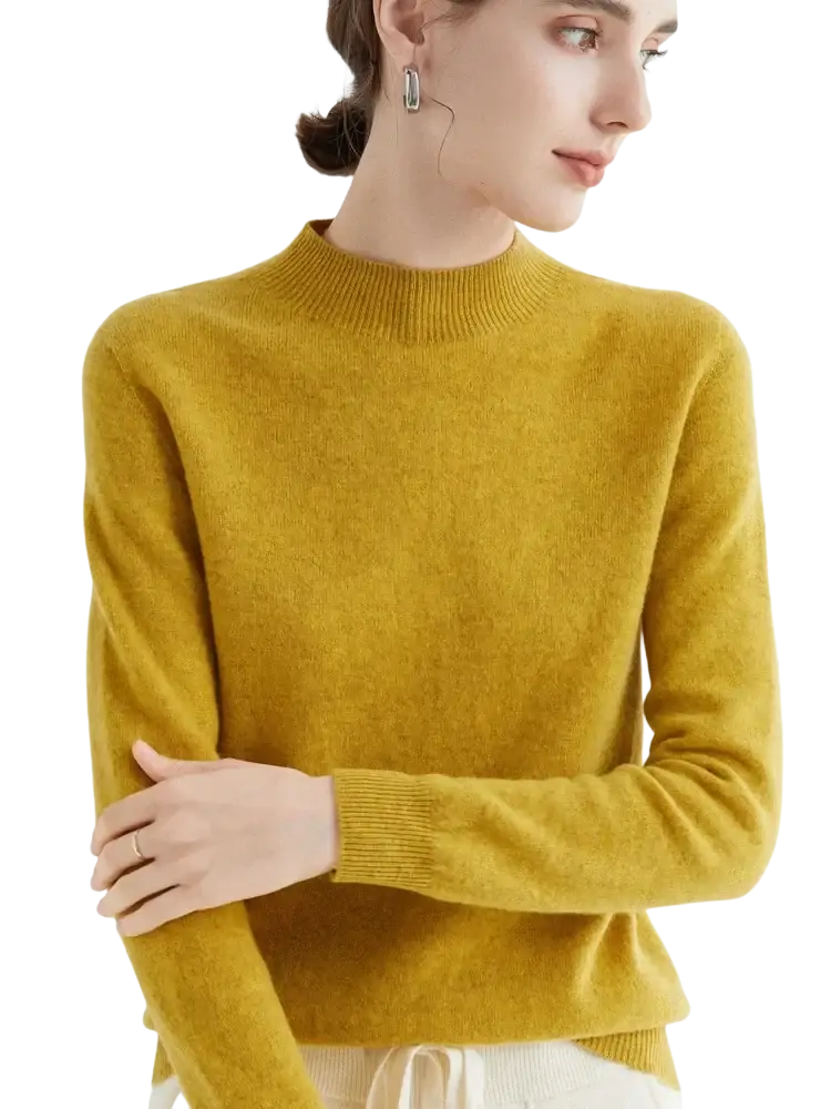 Women merino wool half high collar sweater in soft mustard yellow cashmere with ribbed crew neckline and cuffs