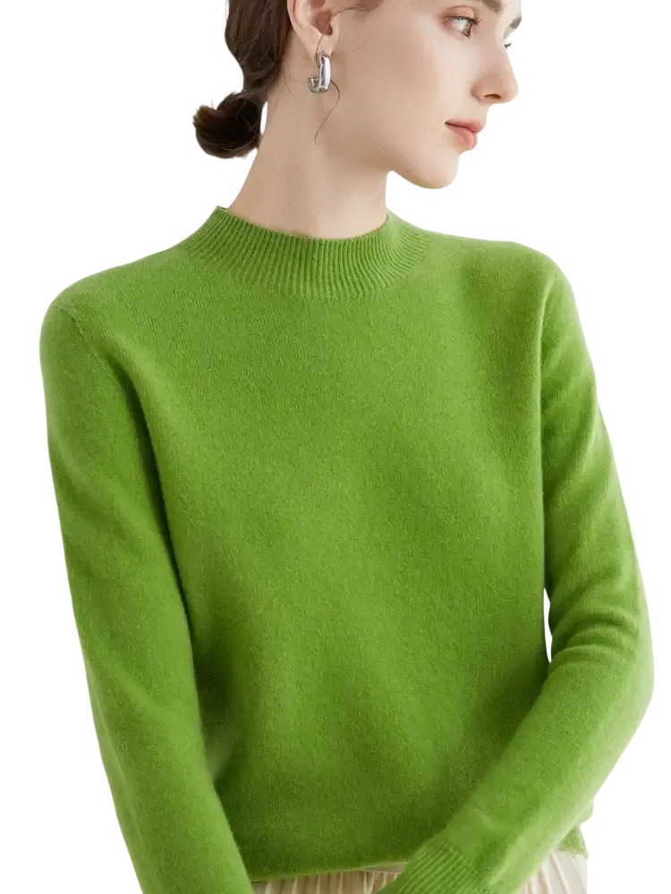 A soft vibrant green cashmere sweater with ribbed crew neckline and long sleeves for women