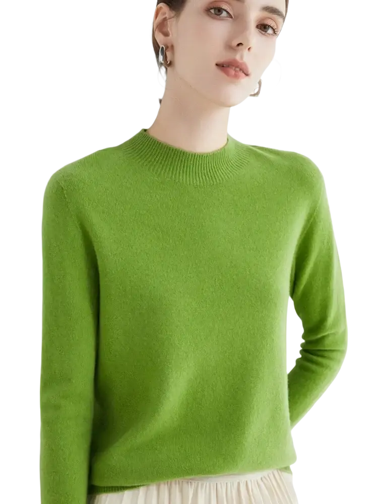 A soft vibrant green cashmere sweater with ribbed crew neckline and long sleeves for women