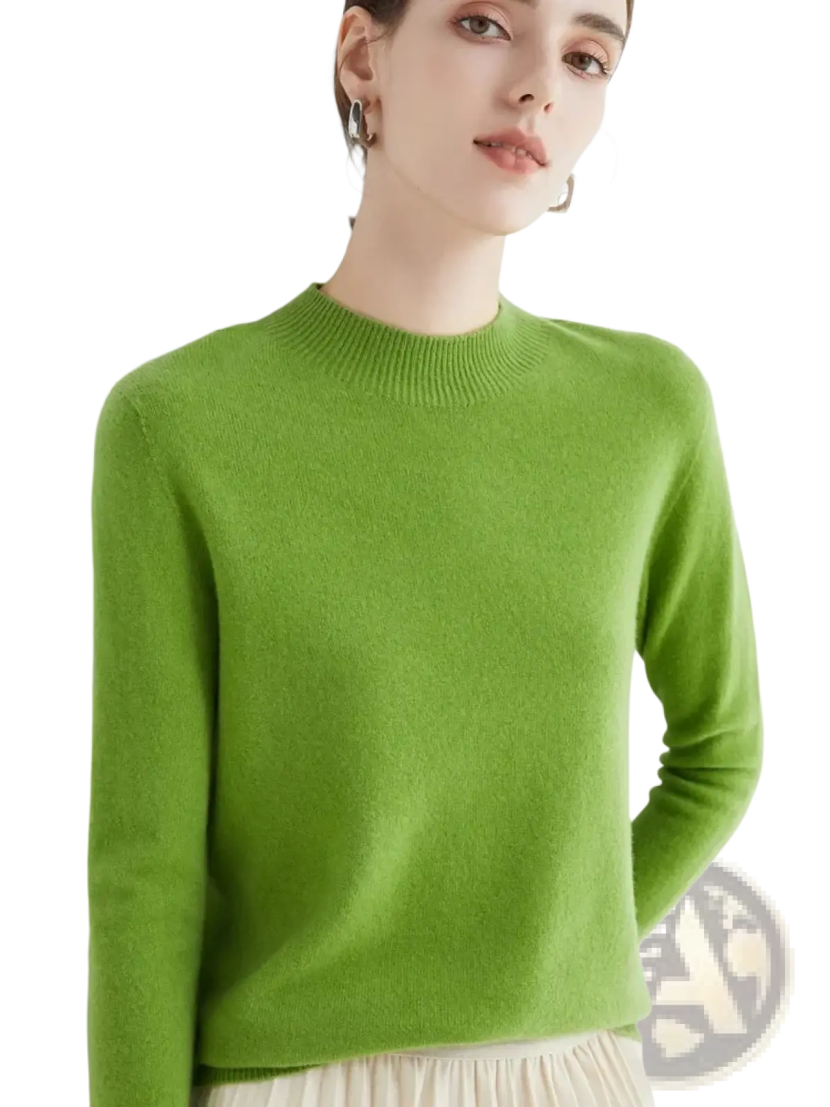 A soft vibrant green cashmere sweater with ribbed crew neckline and long sleeves for women