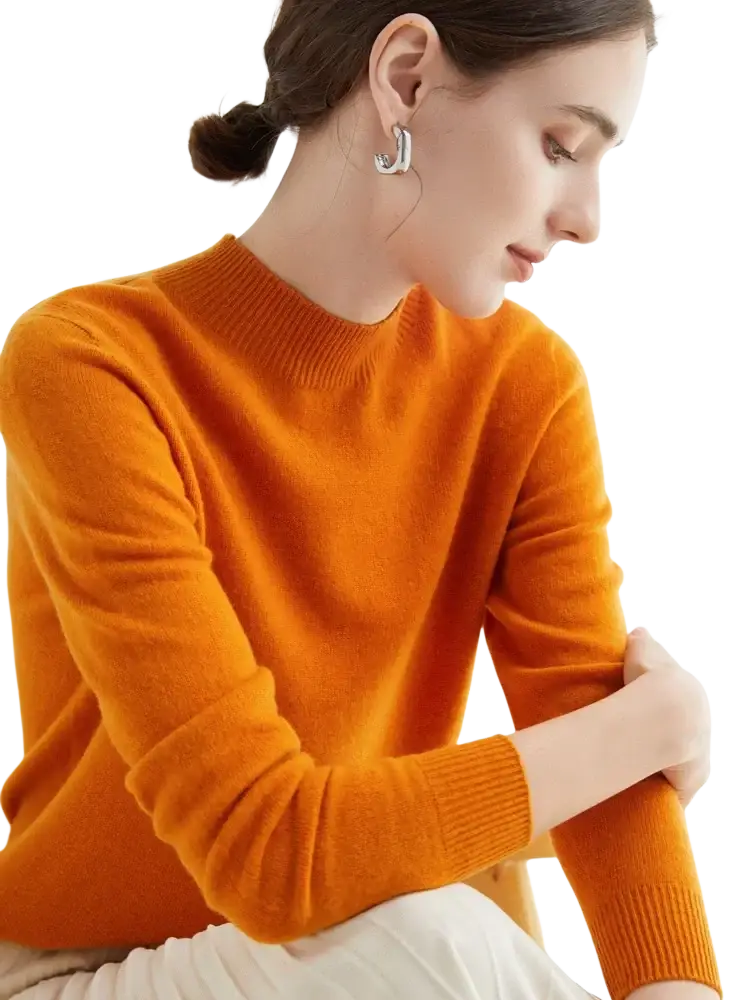 Women merino wool half high collar sweater in soft vibrant orange cashmere with ribbed crew neckline and cuffs