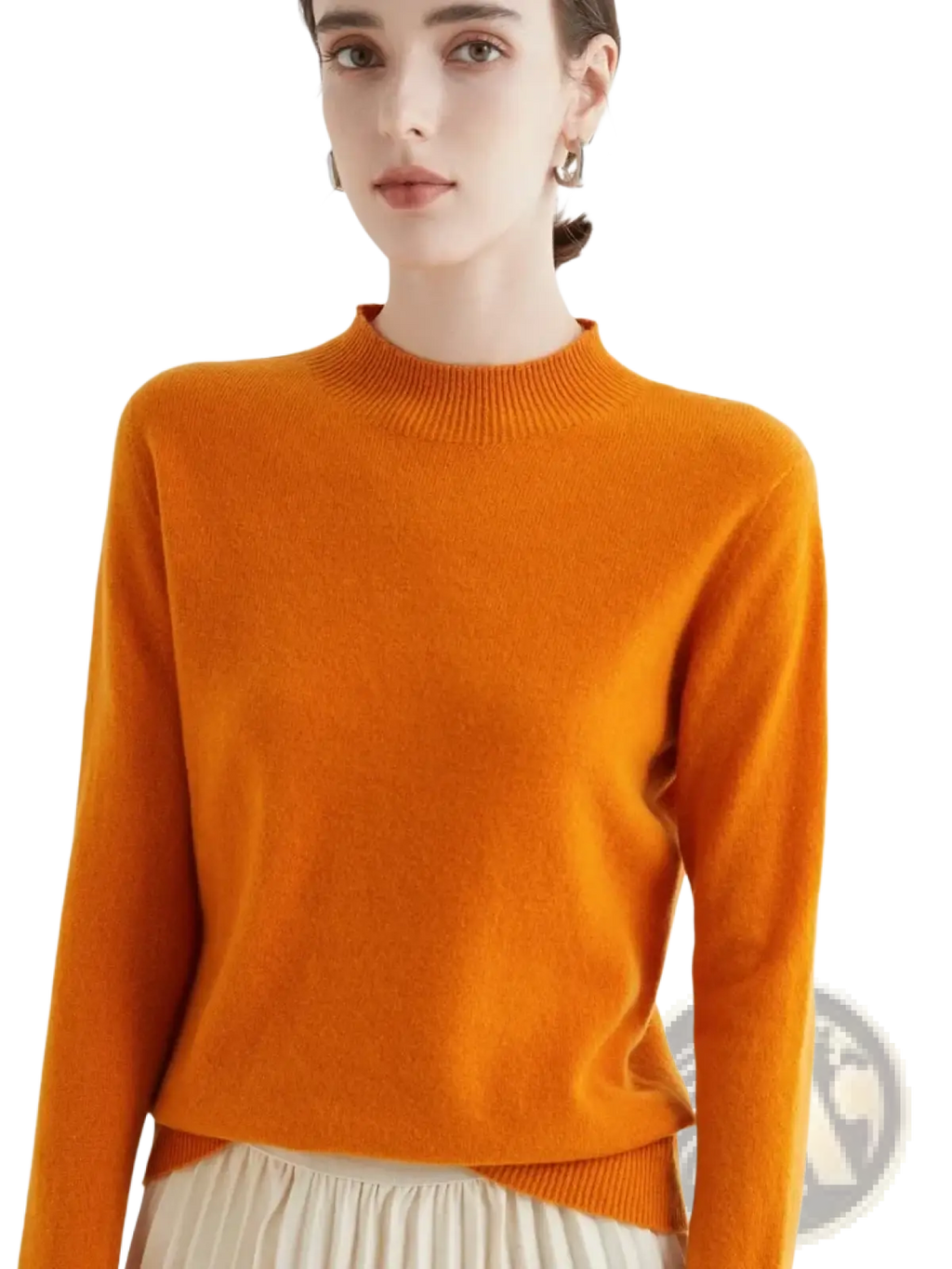 A soft vibrant orange cashmere sweater with ribbed crew neckline and cuffs for women merino wool half high collar style