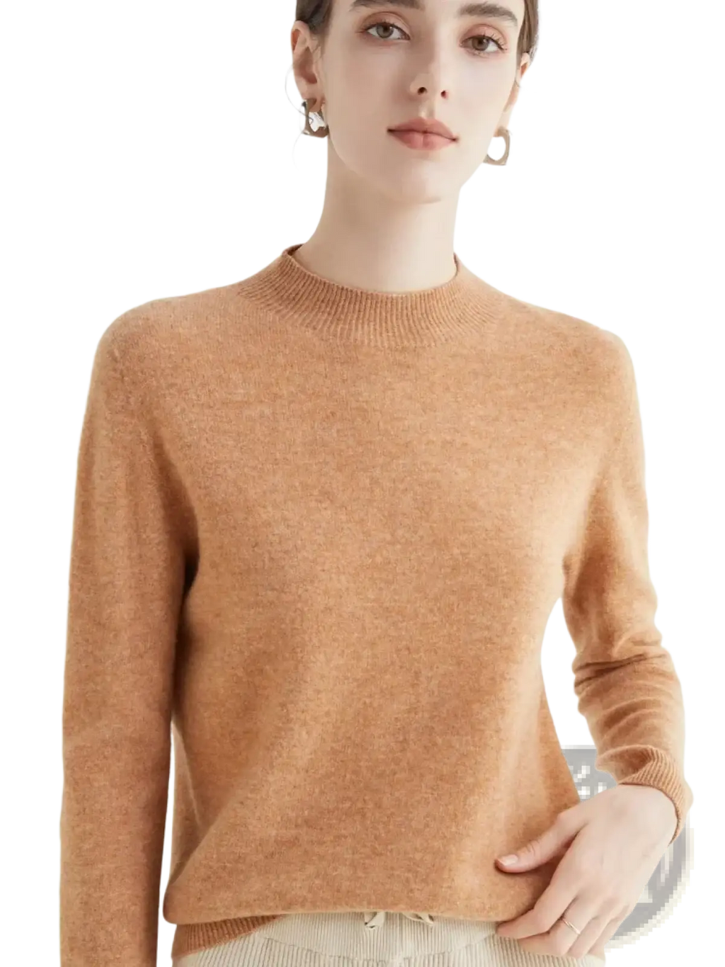 Women merino wool sweater in camel color with ribbed crew neckline and long sleeves for warmth and comfort