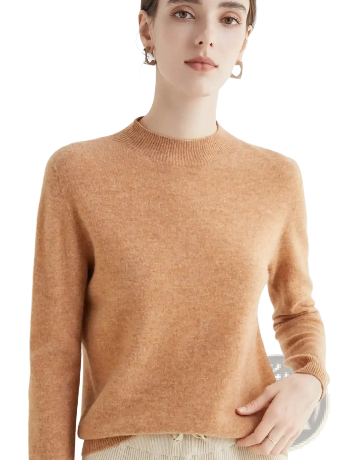 Women merino wool sweater in camel color with ribbed crew neckline and long sleeves for warmth and comfort