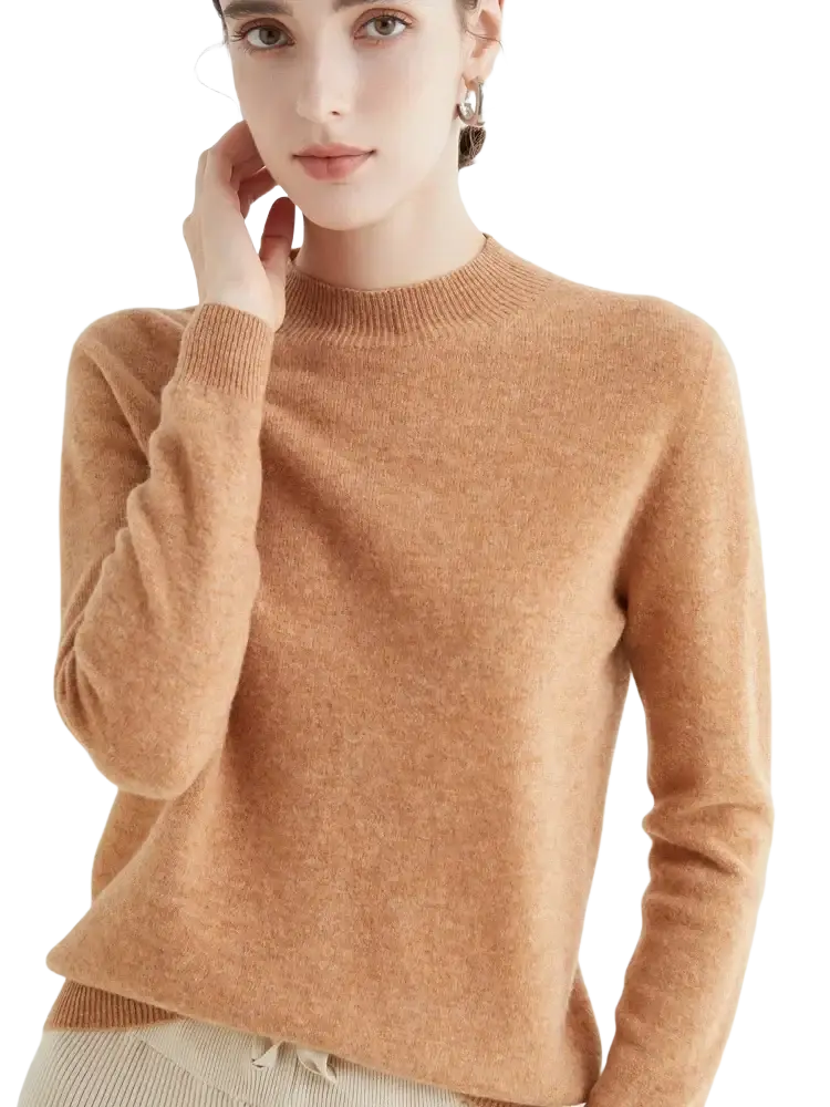 A camel-colored cashmere sweater with ribbed crew neckline and cuffs featured in women merino wool half high collar collection