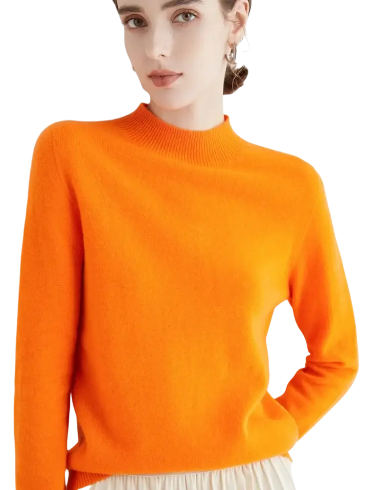 Vibrant orange women merino wool half high collar sweater with soft ribbed knit texture and long sleeves
