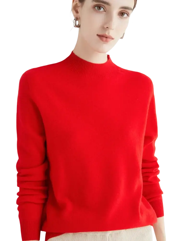 A vibrant red women merino wool half high collar sweater with long sleeves and a soft knit texture