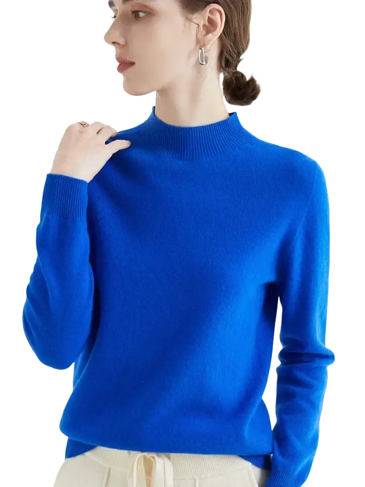 A vibrant royal blue women merino wool half high collar sweater with long sleeves made of soft knit fabric