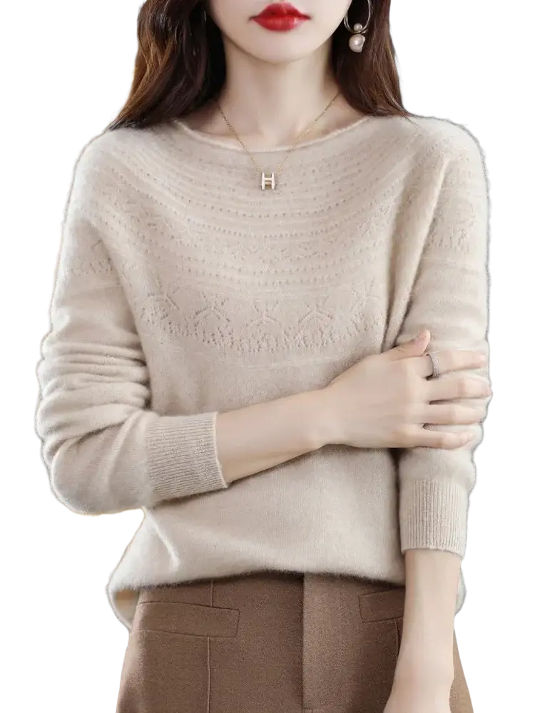 Beige women merino wool o-neck sweater with subtle textured pattern and ribbed cuffs
