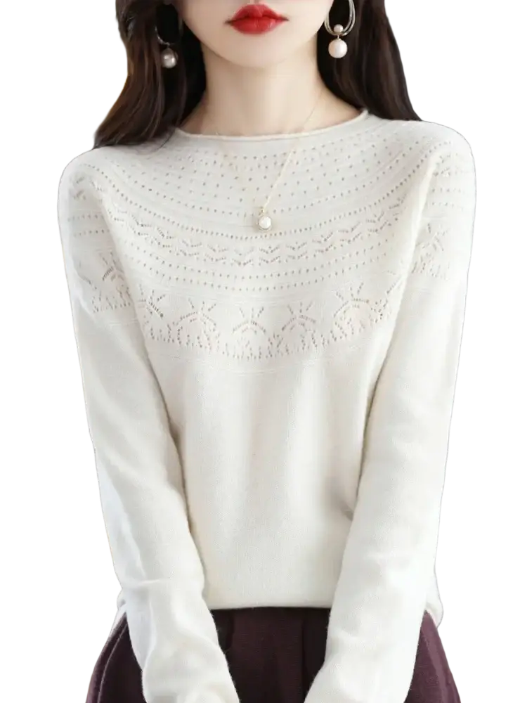Delicate off-white women merino wool o-neck sweater with intricate lace patterns on chest and shoulders
