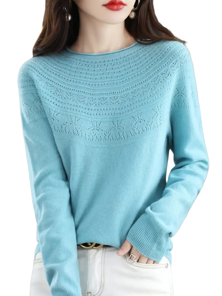 Women merino wool o-neck sweater in light blue with a delicate lace chest pattern and ribbed cuffs