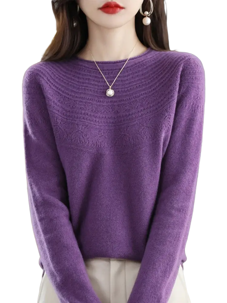 Women merino wool o-neck sweater in soft deep purple with textured knit pattern across chest and shoulders