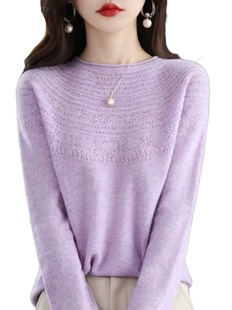 Women merino wool o-neck sweater in soft lavender with intricate lace detailing on chest and shoulders