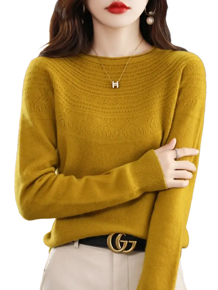A soft mustard yellow merino wool women O-neck sweater with textured pattern and ribbed cuffs