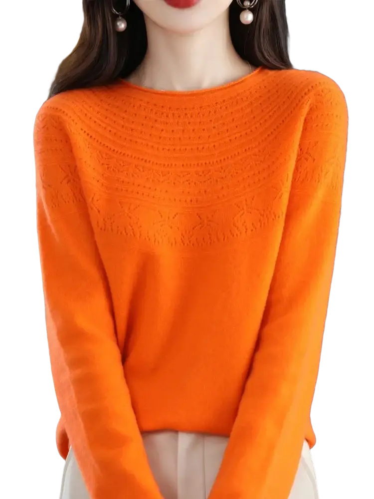 Vibrant orange women merino wool o-neck sweater with intricate floral lace detailing on chest and shoulders