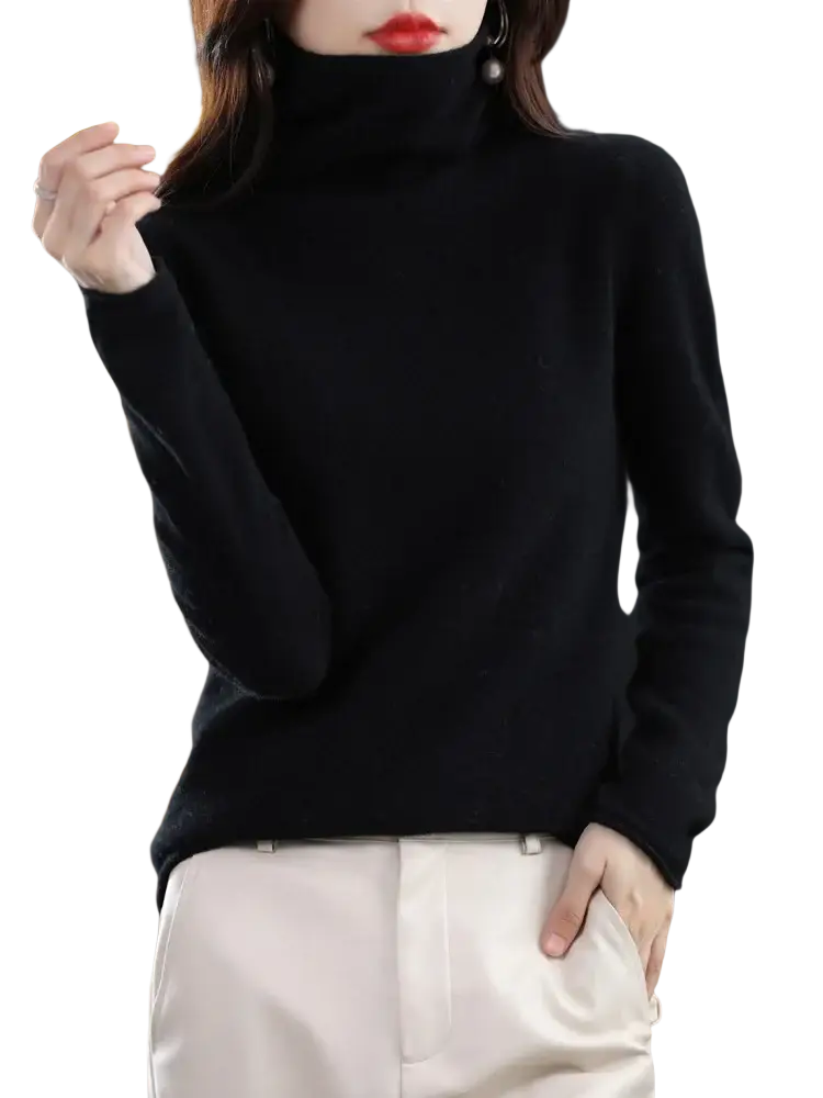 Black women merino wool turtleneck sweater with a smooth soft knit texture perfect for cold weather wear