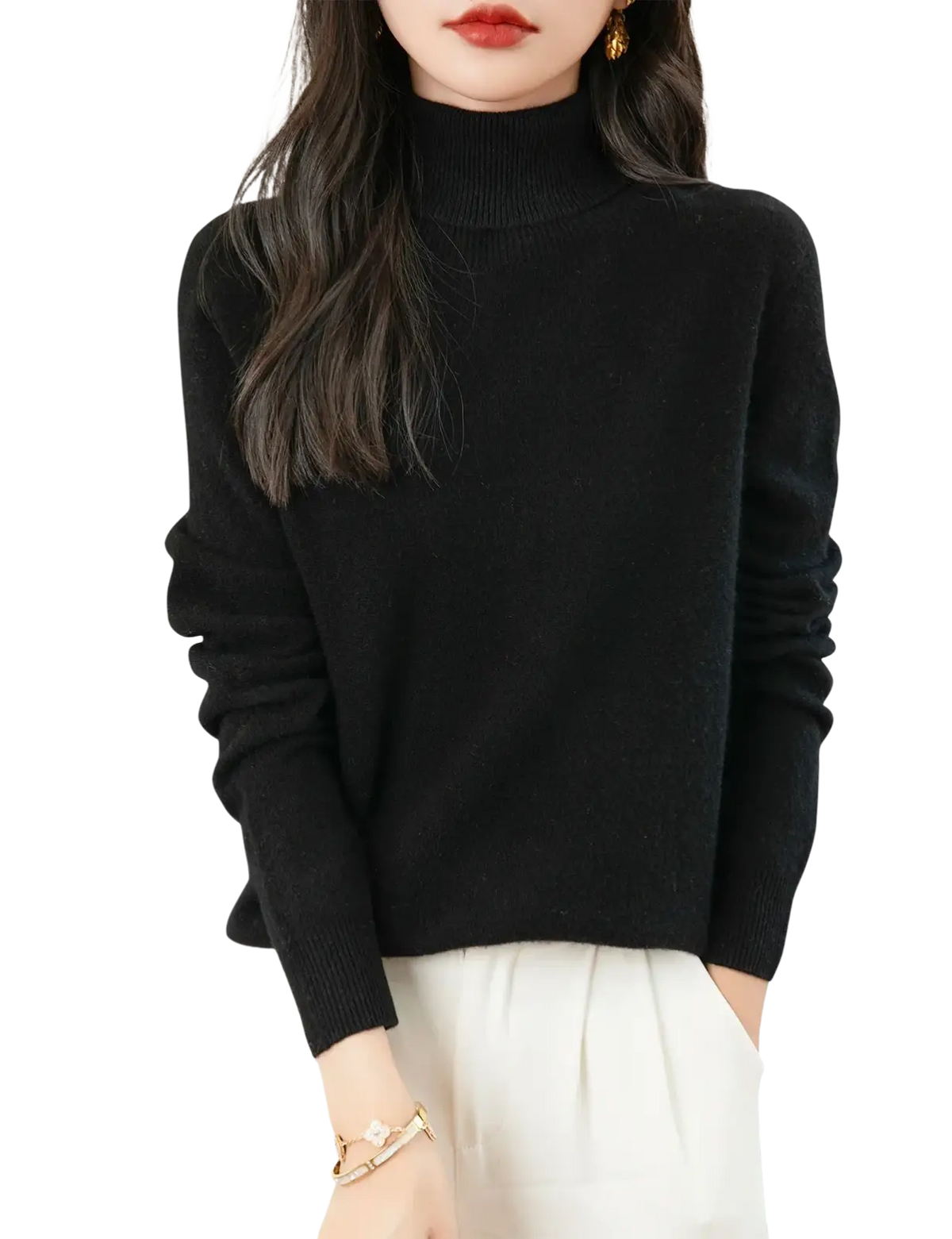 Black women merino wool turtleneck sweater with long sleeves and ribbed cuffs for cold weather layering