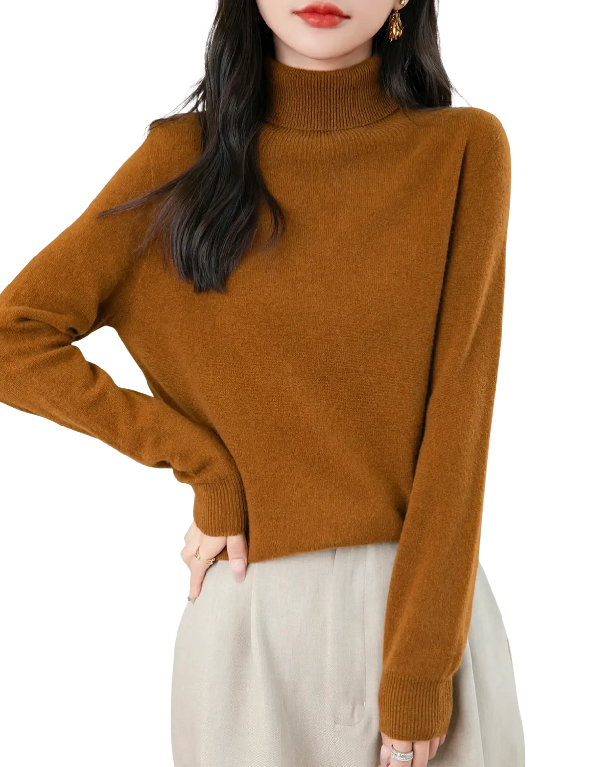 A cozy rust-colored women merino wool turtleneck sweater with soft knit texture and ribbed cuffs
