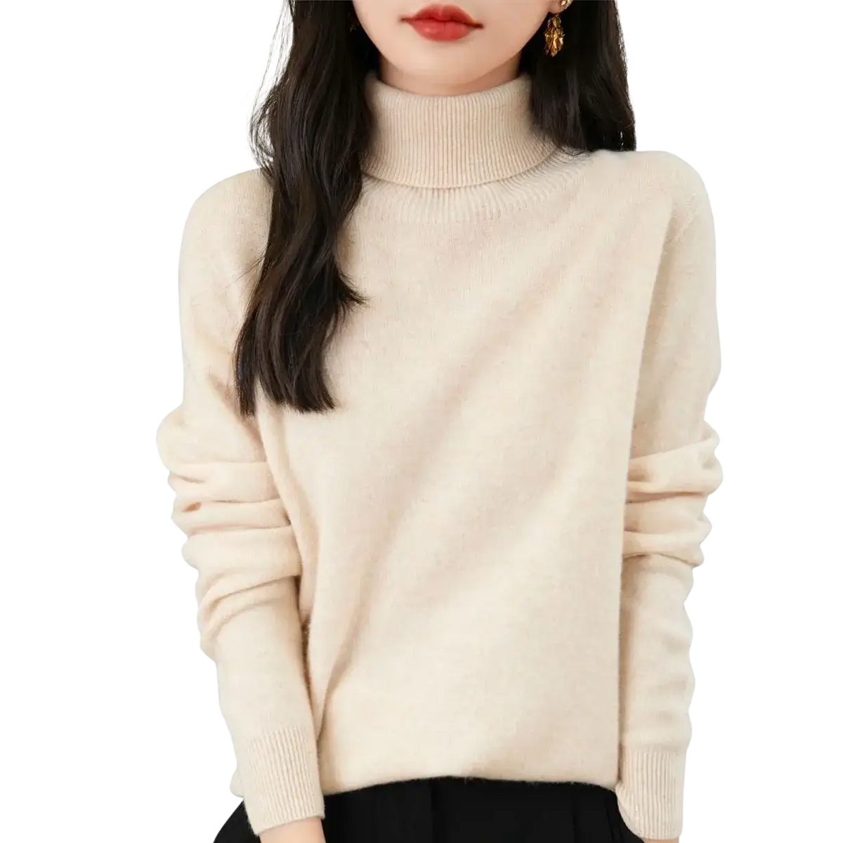 Cream-colored women merino wool turtleneck sweater with soft knit fabric and ribbed cuffs and neckline