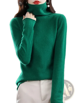Women merino wool turtleneck sweater in rich emerald green with long sleeves made of soft knit fabric