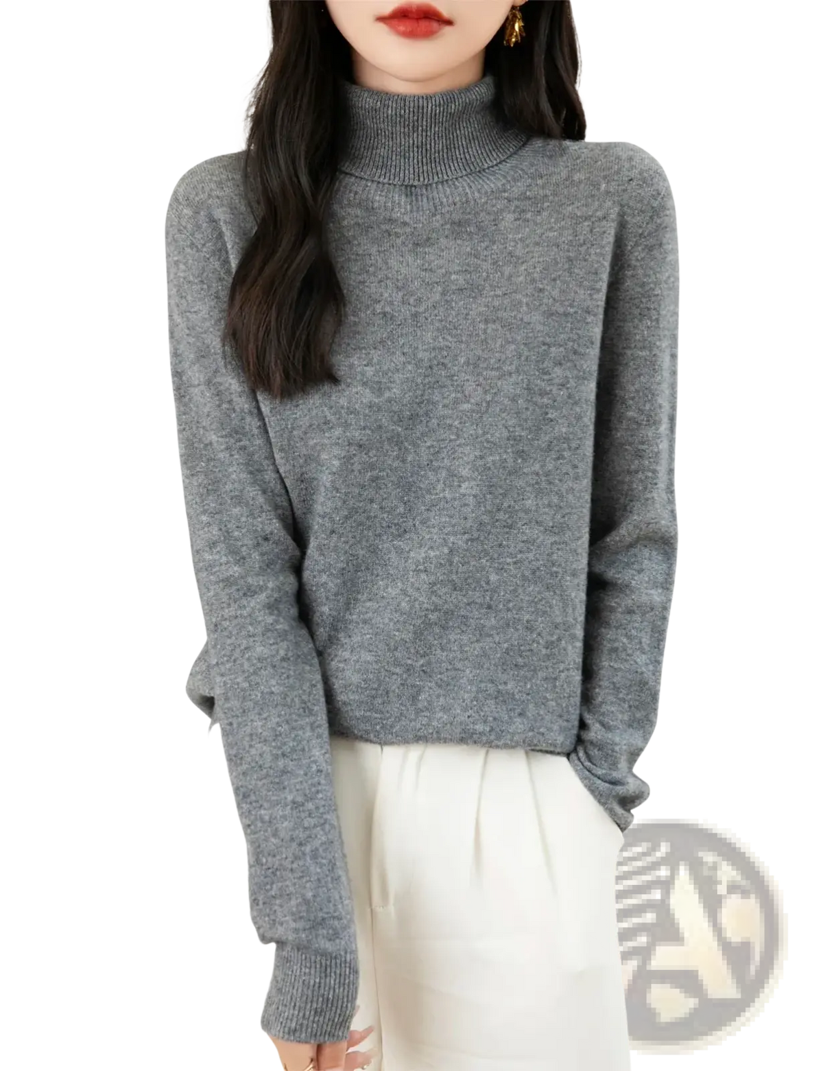 A soft heather gray women merino wool turtleneck sweater with ribbed neckline and cuffs