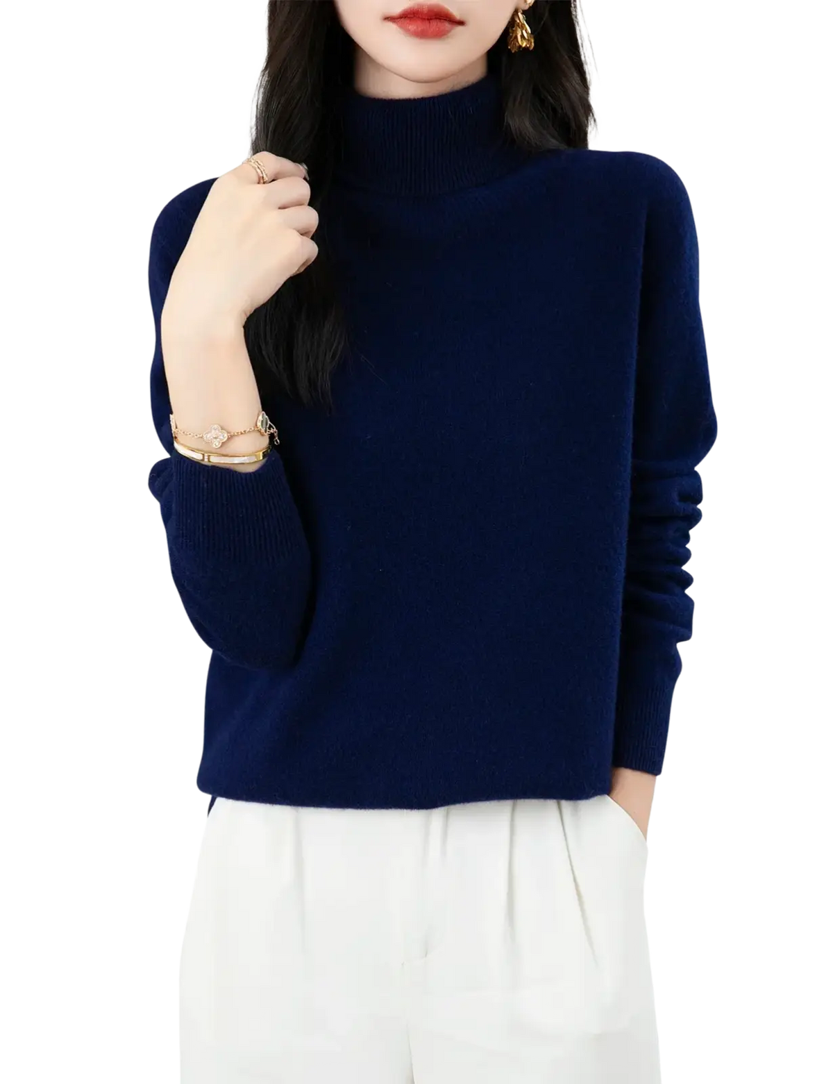 Navy blue women merino wool turtleneck sweater with high neck knit design for warmth and style