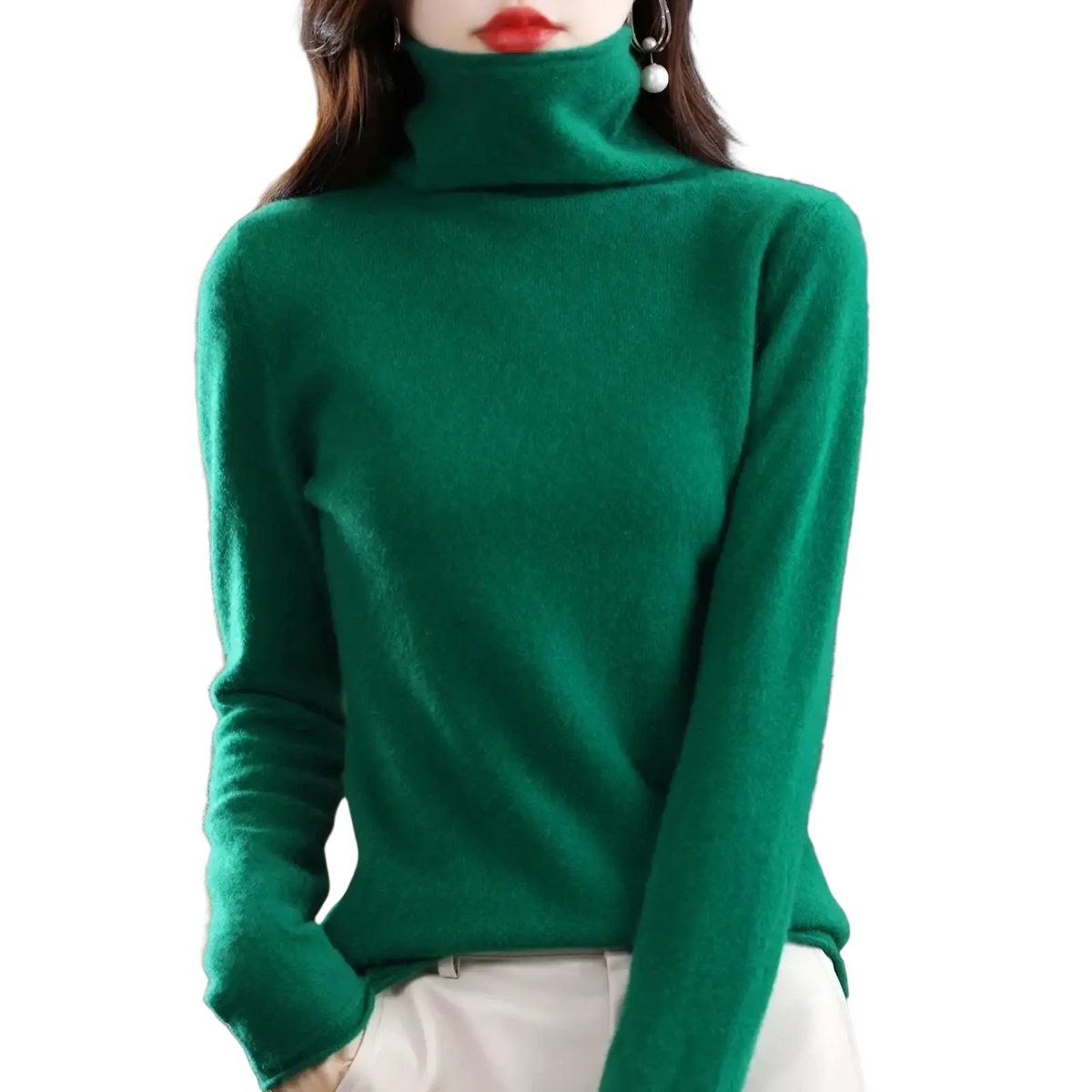 Women merino wool turtleneck sweater in rich emerald green with long sleeves made of soft knit fabric