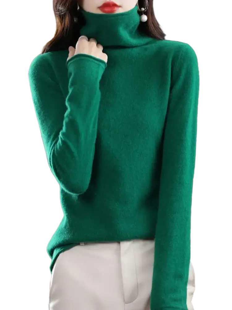 Women merino wool turtleneck sweater in rich emerald green with long sleeves made of soft knit fabric