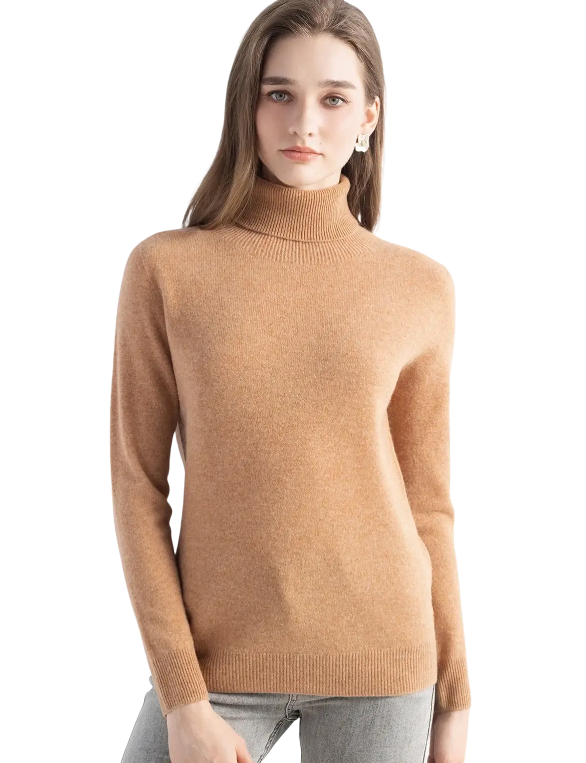A soft camel-colored women merino wool turtleneck sweater with ribbed collar and cuffs made from fine knit fabric